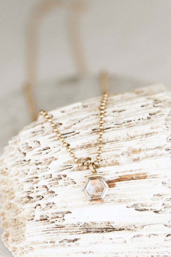 gold ball chain necklace with partial bezel rose cut hexagon white diamond