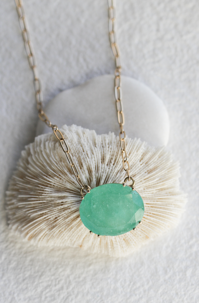 oval colombian emerald necklace on gold cable chain