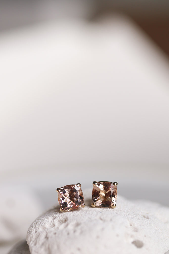 gold cushion cut morganite stud earrings