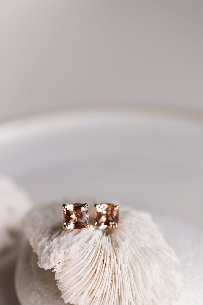 gold cushion cut morganite stud earrings