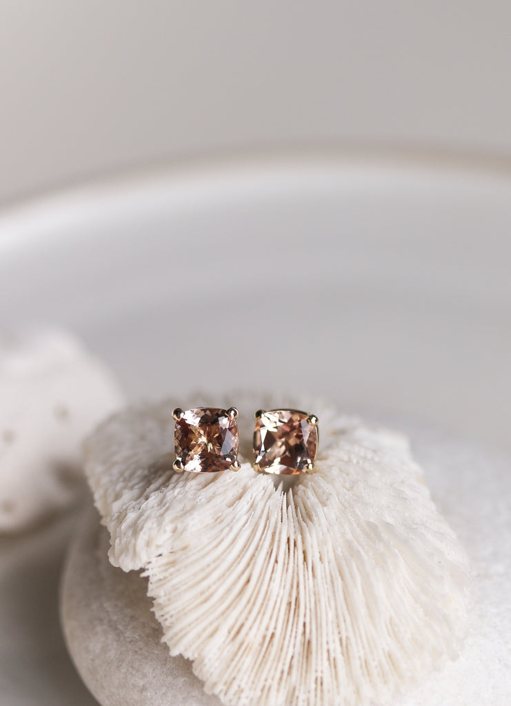 gold cushion cut morganite stud earrings