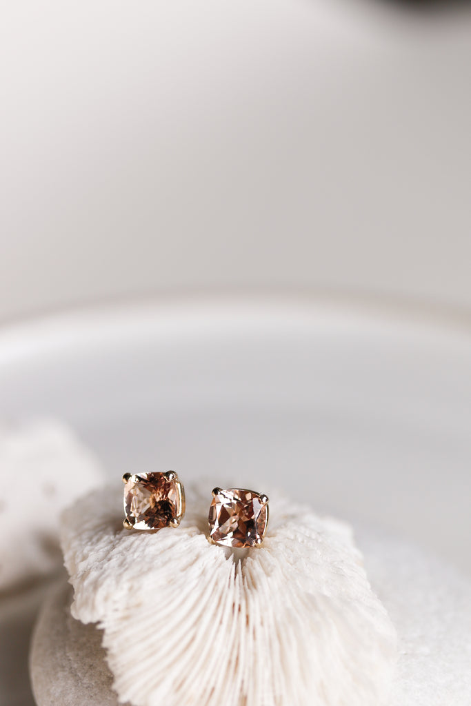 gold cushion cut morganite stud earrings