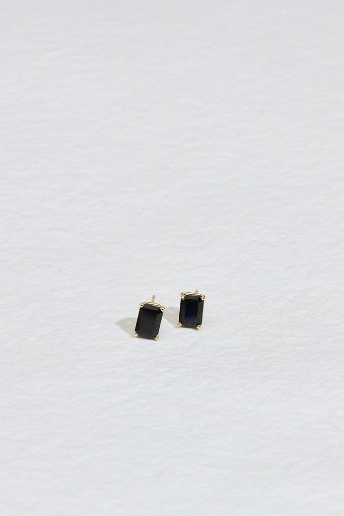 emerald cut blue sapphire gold studs