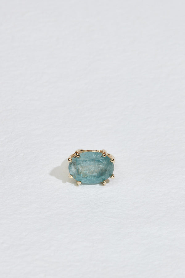 gold textured 8 prong ring with moss aquamarine