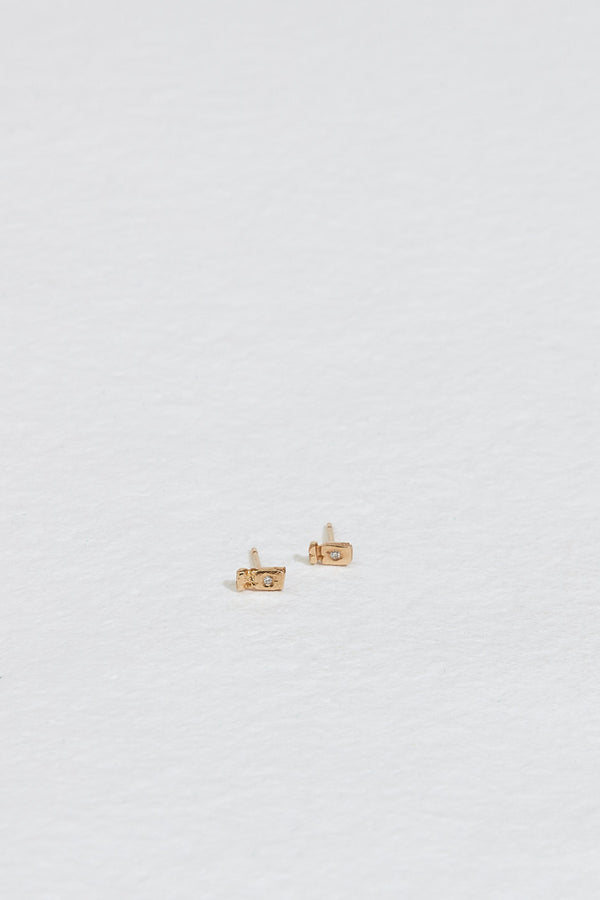 gold square with round white diamond stud earrings