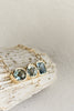close up of gold necklace with bezel set oval green amethyst, round aquamarine, and emerald cut blue topaz