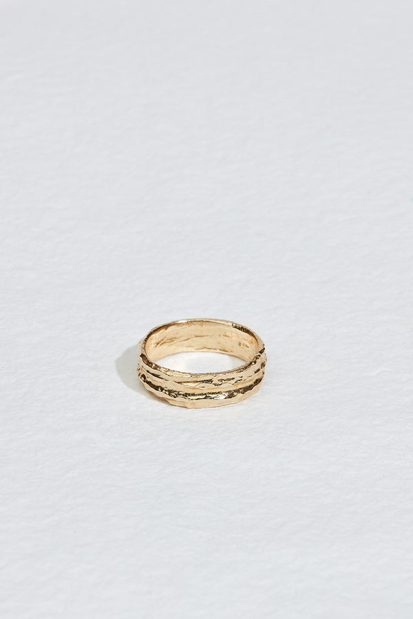 close up of highly textured men's gold band