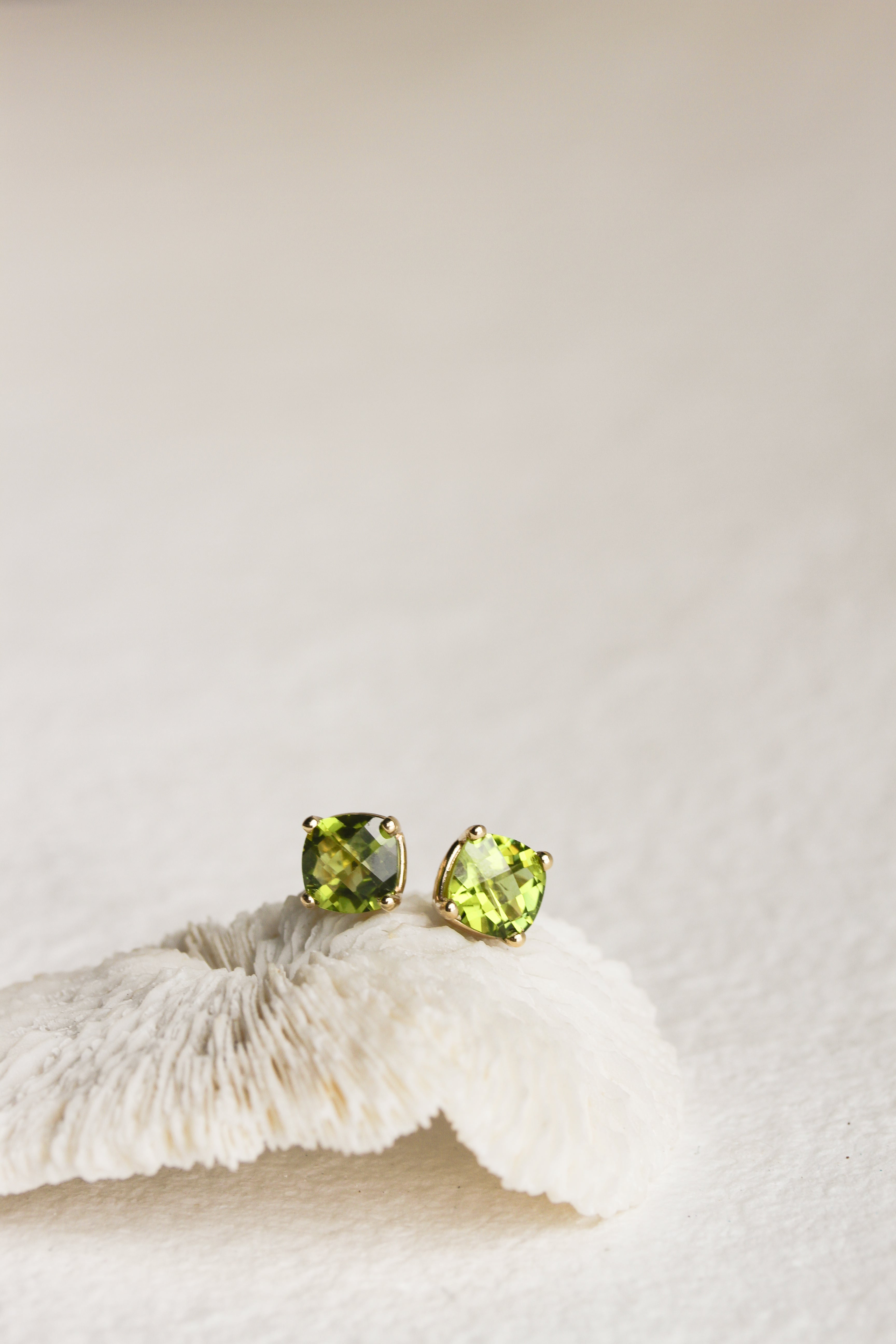JP FOUR PRONG CUSHION CUT PERIDOT STUDS | Jane Pope Jewelry