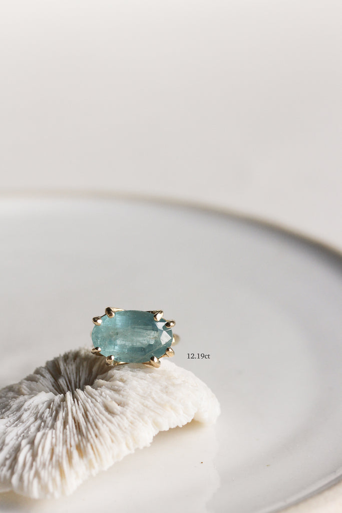 gold textured 8 prong ring with 12.19ct moss aquamarine