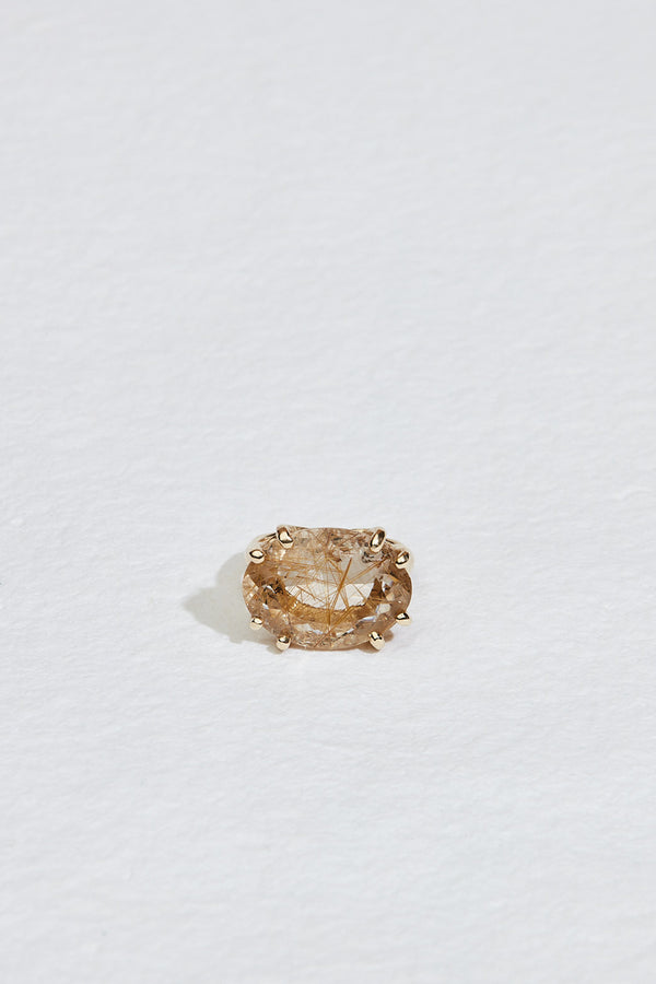 gold 8 prong ring with rutilated quartz